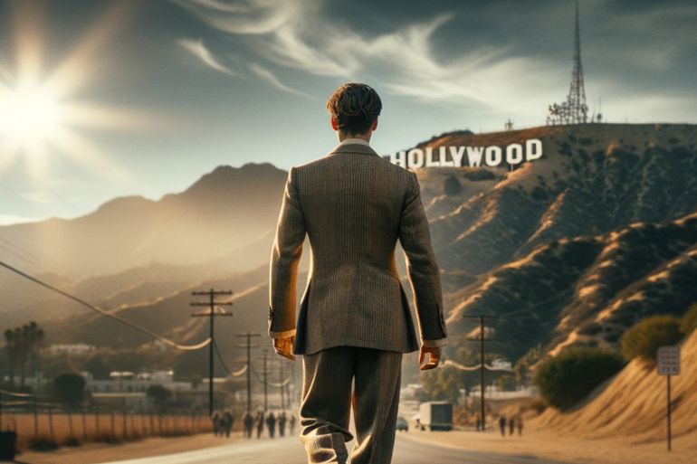 Bokeh photo of a business costume actor walking towards the hollywood mountains. hollywood letters are very visible. floor plan, feet seen from back. golden hour. ins worst by actor jim meskimen; Shutterstock ID 2397591381; purchase_order: AJ; job: ; client: ; other: ; is_generated: true